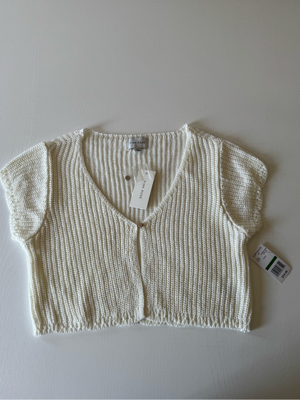 Pink Rose Cream Knit Short Sleeve Cropped Cardigan